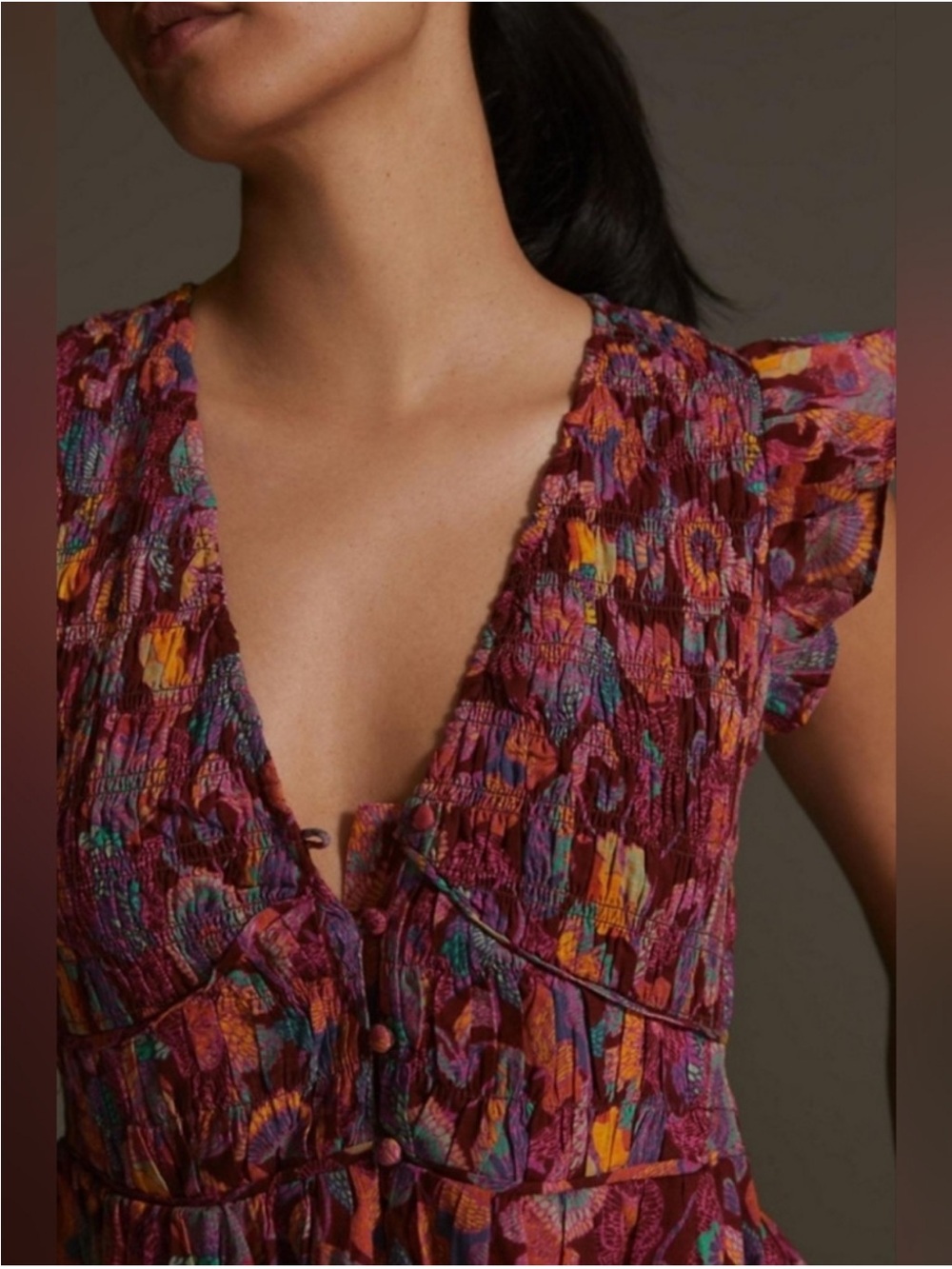 Anthropologie The Peregrine Smocked Floral V-Neck Ruffle Dress Wine Floral - Picture 4 of 13